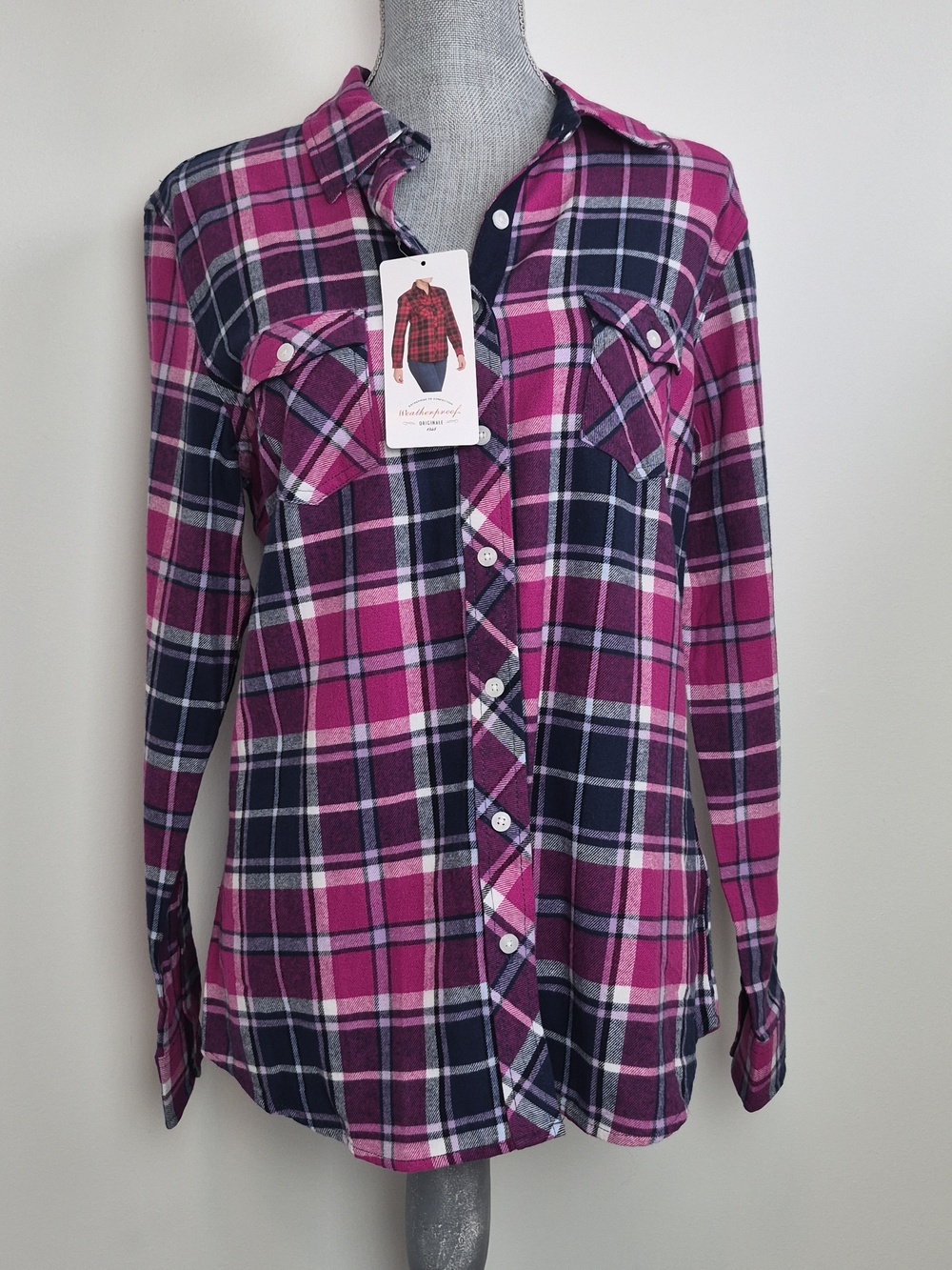Weatherproof Plaid Button Up Shirt size Large Pink and Navy BNWT